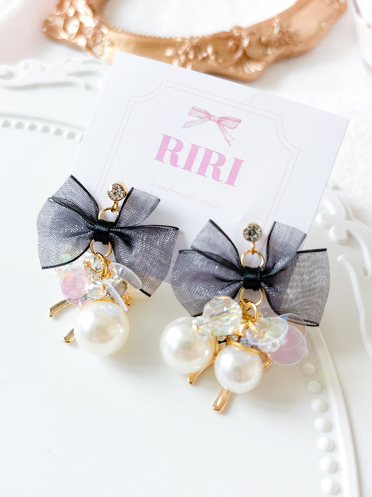 柔美蝴蝶結珍珠耳環-耳針