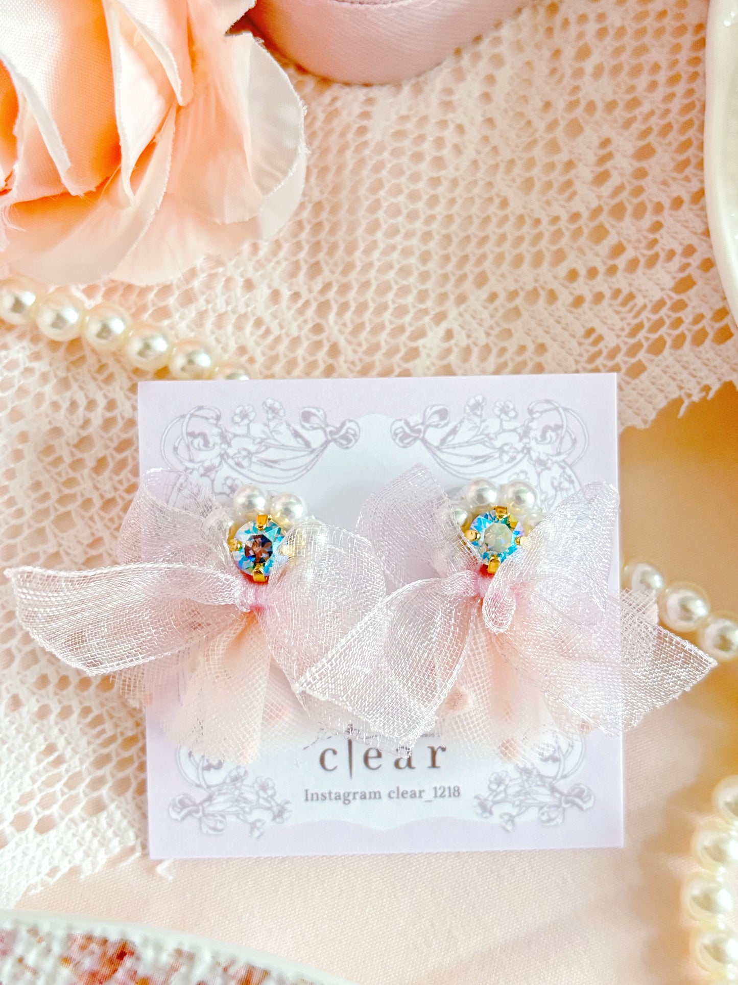 Clear-公主風網紗水晶耳環
