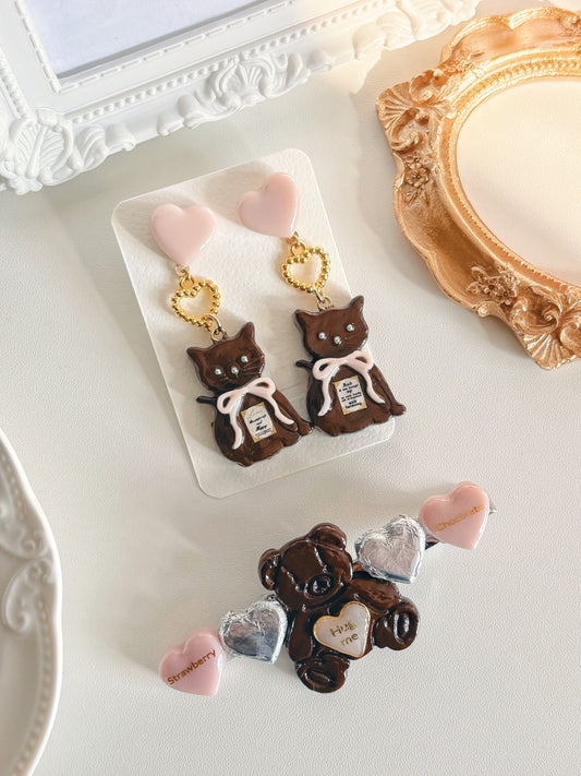 日本手工—朱古力心心粉紅小熊耳環