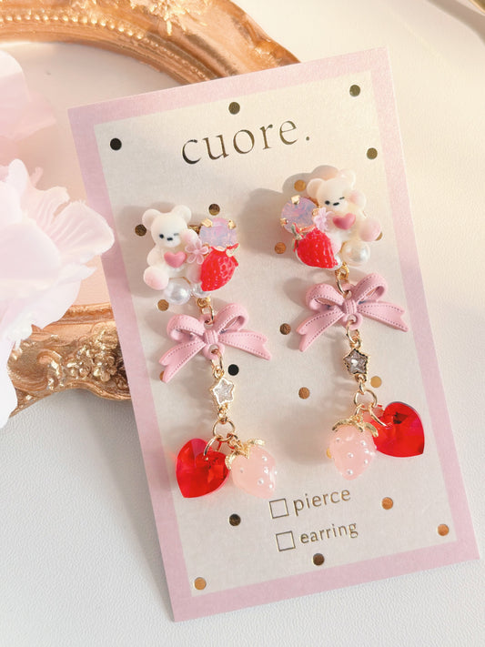 日本手工—小熊蝴蝶結心心草莓耳環