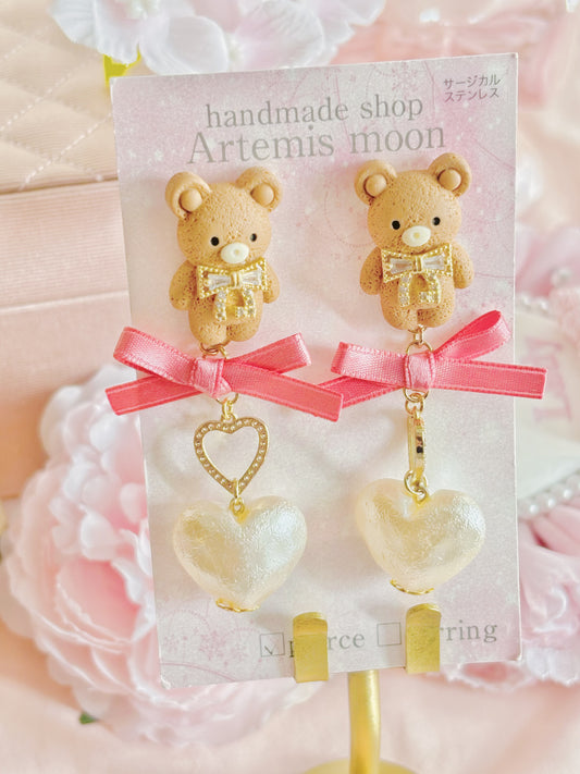 日本手工-可愛小熊心心珍珠耳環