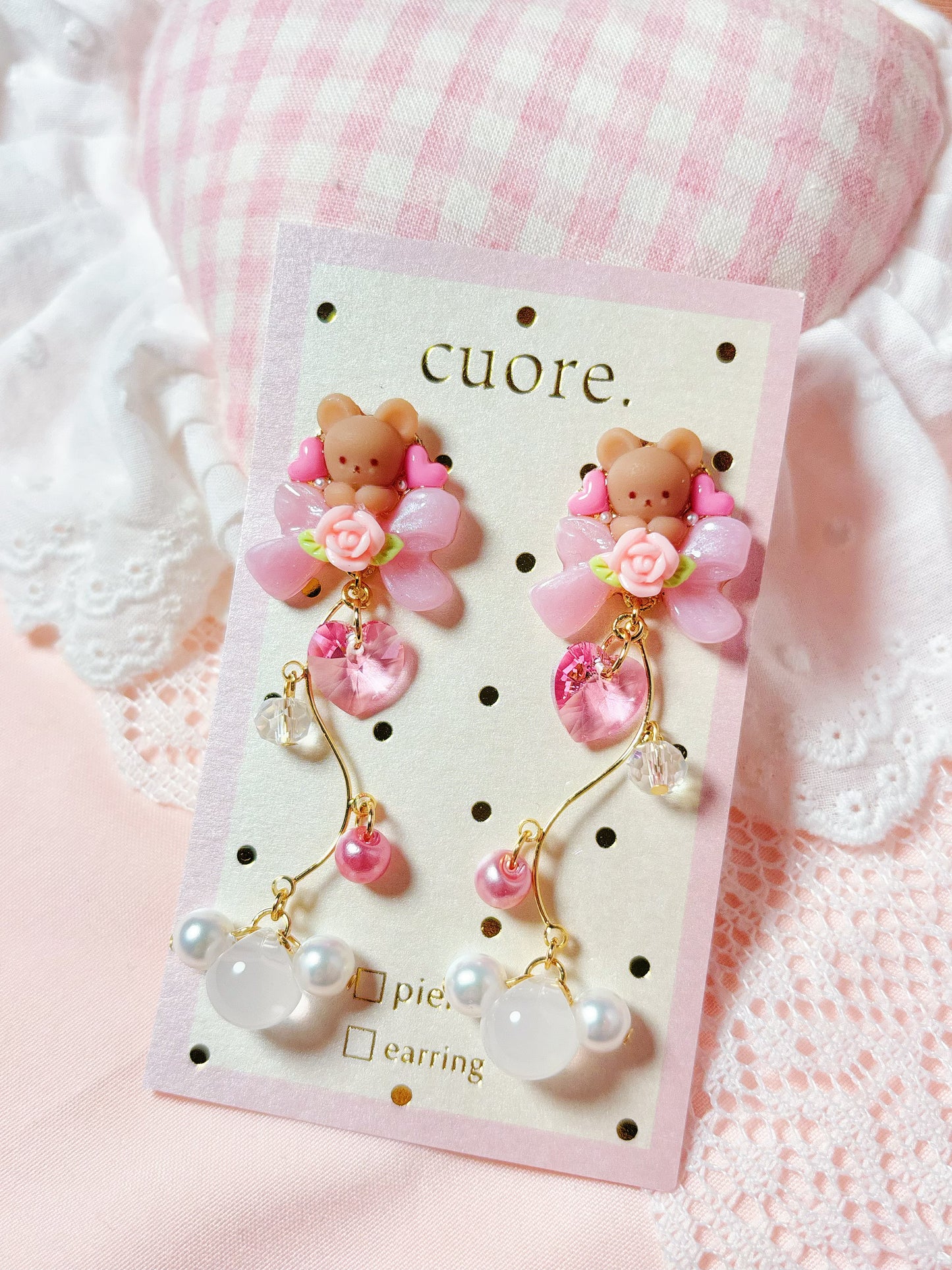 小熊玫瑰花耳環