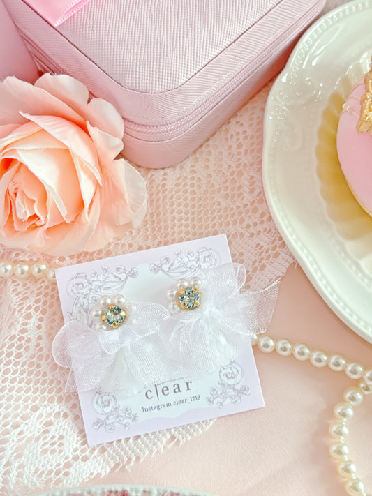 Clear-公主風網紗水晶耳環