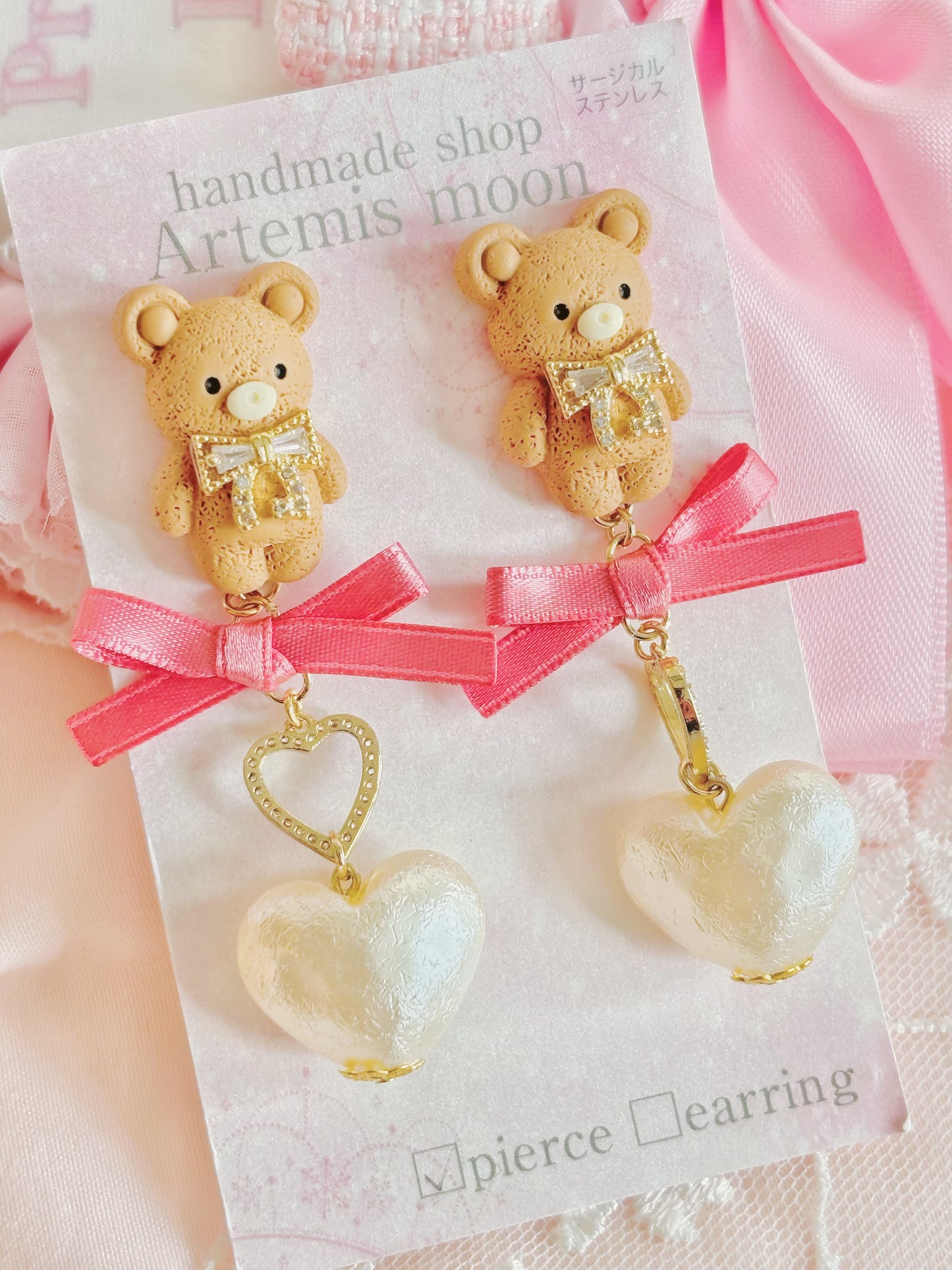 日本手工-可愛小熊心心珍珠耳環