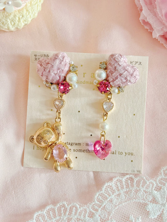 日本手工—心心水晶水熊耳環