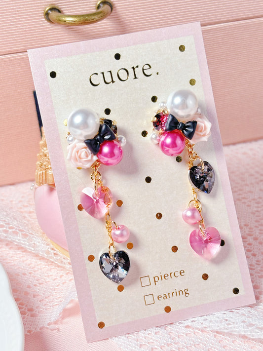 華麗墜吊心型水晶耳環