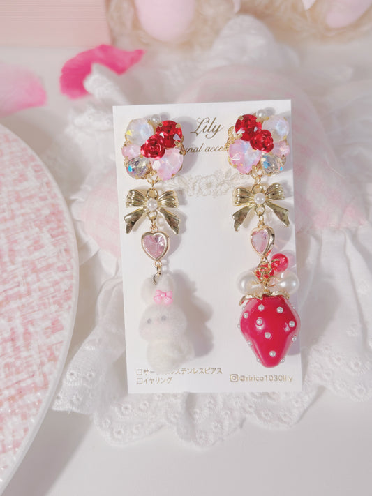 日本手作-可愛小兔草莓耳環