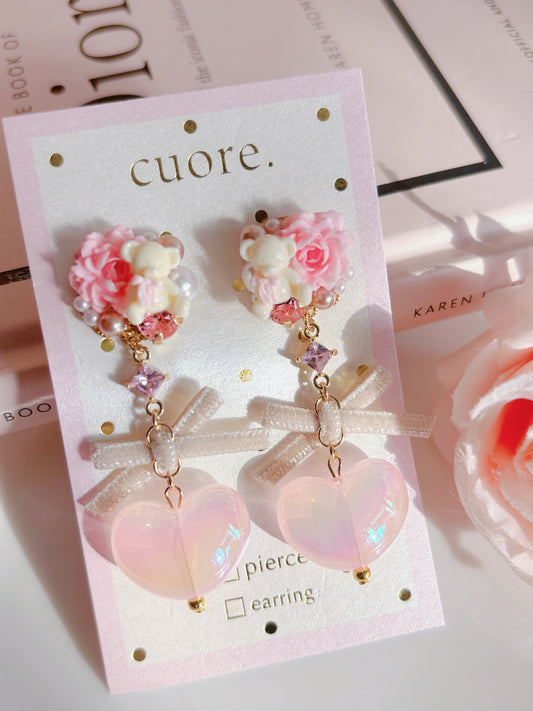 玫瑰花花小熊耳環