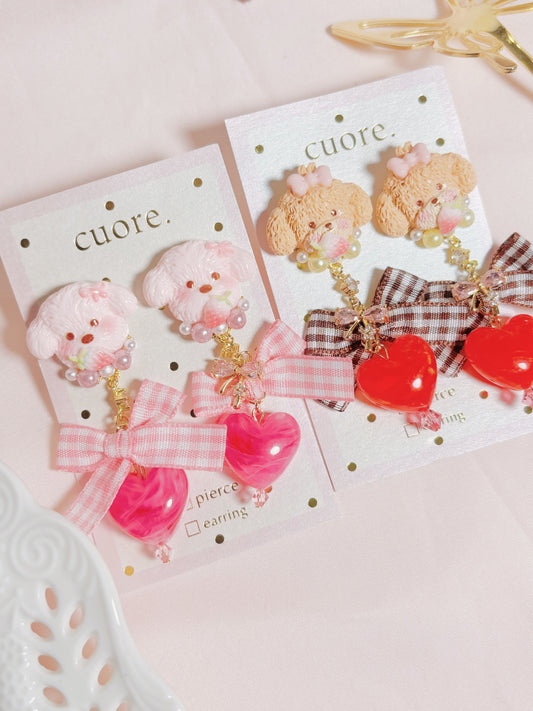 日本手作-可愛小狗蝴蝶結心心耳環