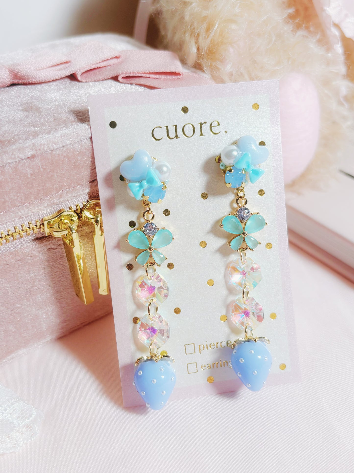 日本手工-粉藍水晶亮透蝴蝶結耳環