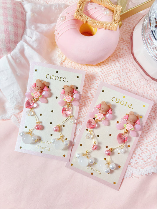 小熊玫瑰花耳環