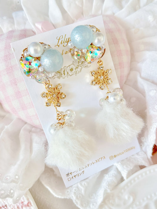 2Way白色水晶雪花耳環