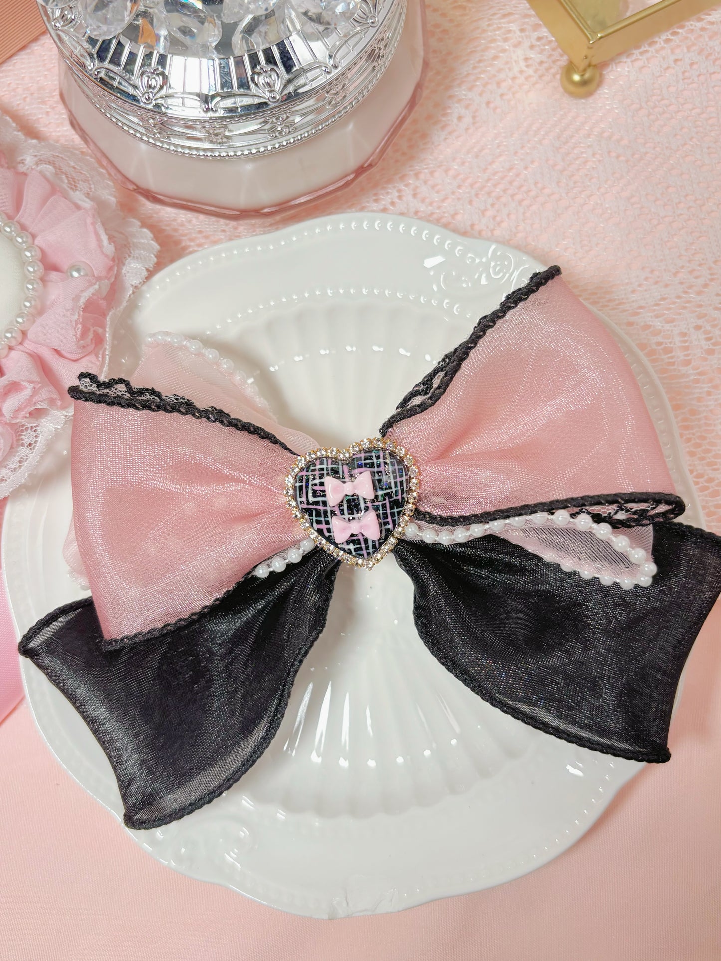Black & Pink 可愛手繪心心髮夾