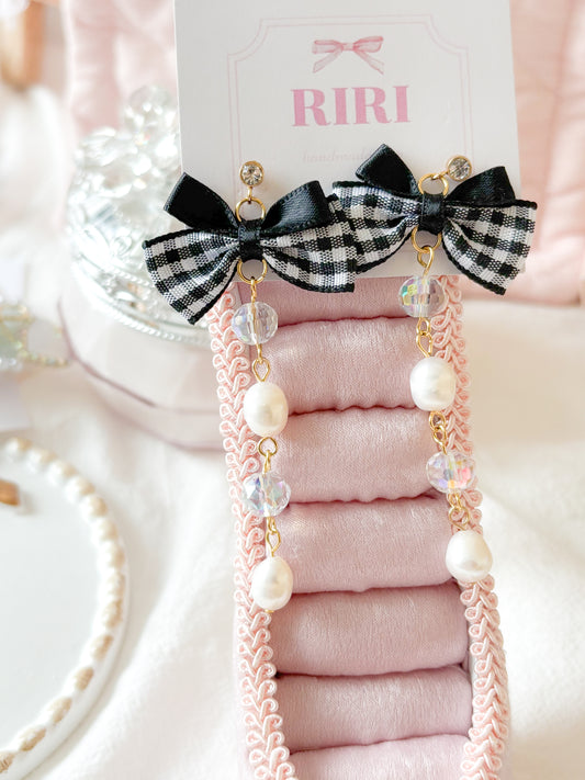 黑色格仔長墜耳環-耳針