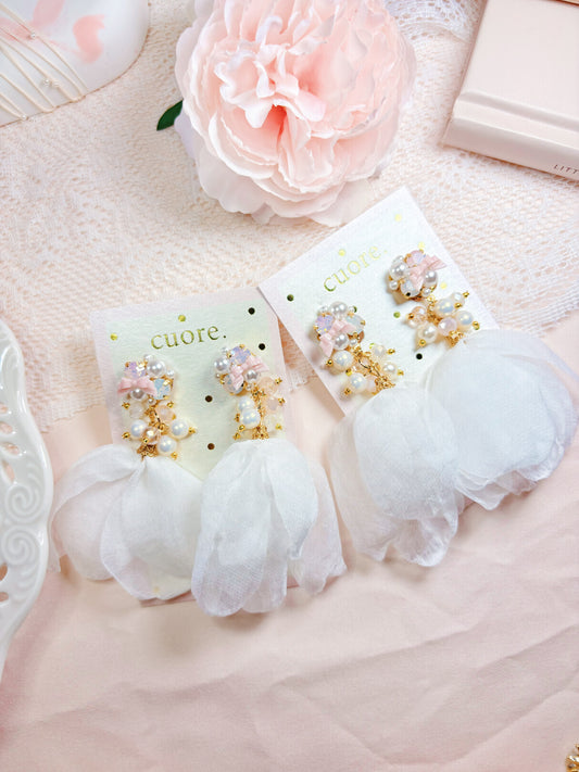 日本手工—白色紗珍珠耳夾