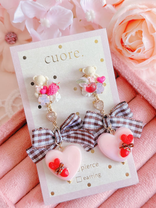 日本手工—Cuore啡色格仔蝴蝶結心心耳環