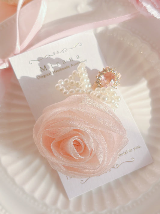 日本手工—緞紗玫瑰花珍珠髮夾