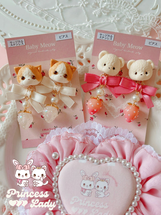 日本手作-草莓蝴蝶結動物造型耳環