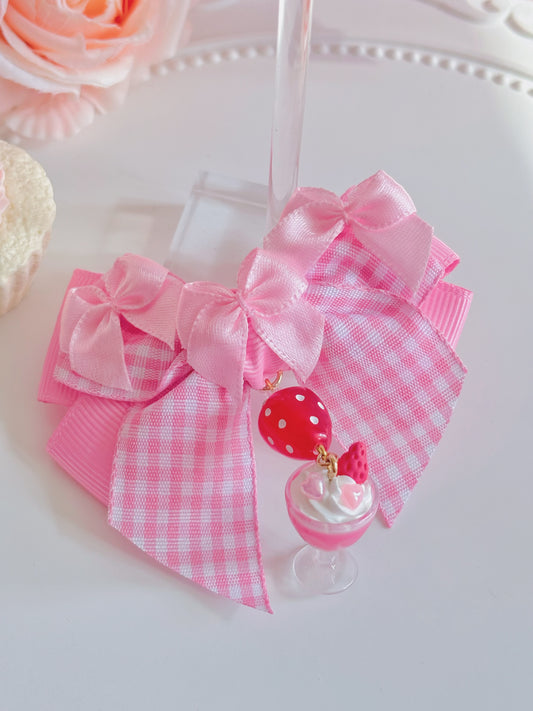 日本手工—格仔粉色草莓奶昔髮夾