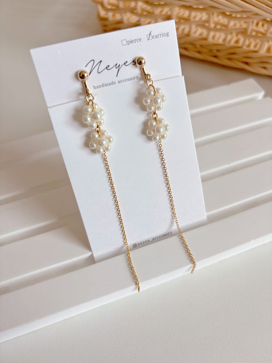 簡約長鏈迷你珍珠花花耳環-耳夾