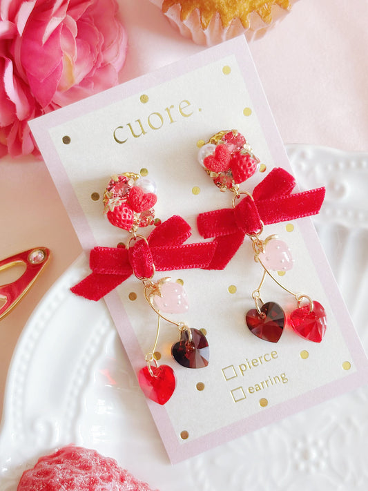 日本手工—Cuore紅色草莓蝴蝶結耳環