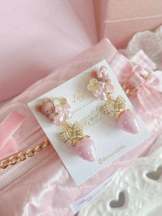 日本可愛手工—Lily小熊草莓水晶耳環