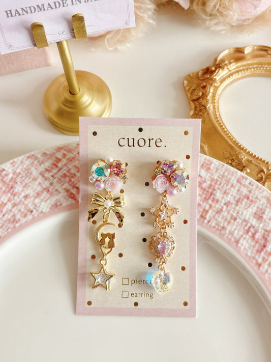 日本手工-半月小貓水晶耳環