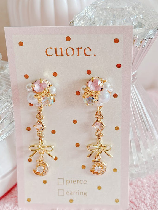 粉鑽半月蝴蝶結耳環