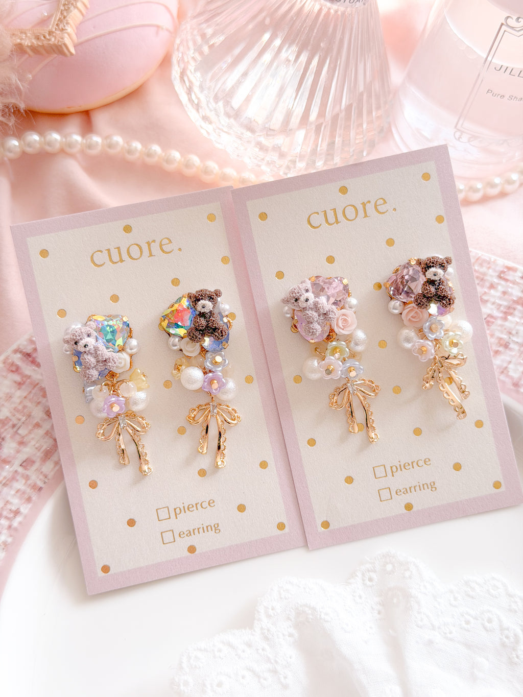 CUORE｜小熊花球蝶結水晶耳環