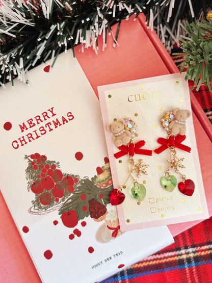 日本手作—聖誕小熊雙色水晶耳環
