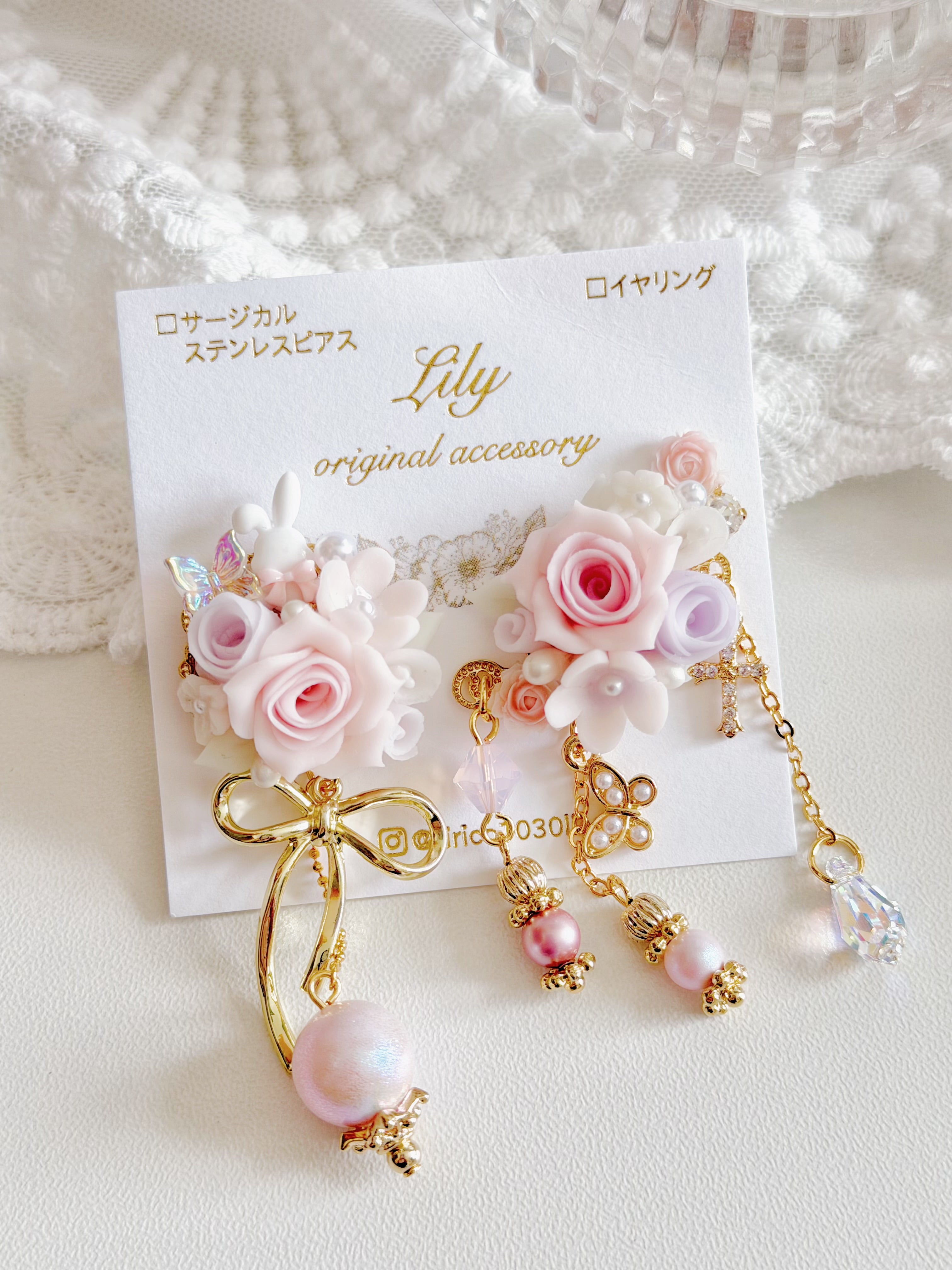 日本手工｜ Lily 玫瑰小兔華麗耳環