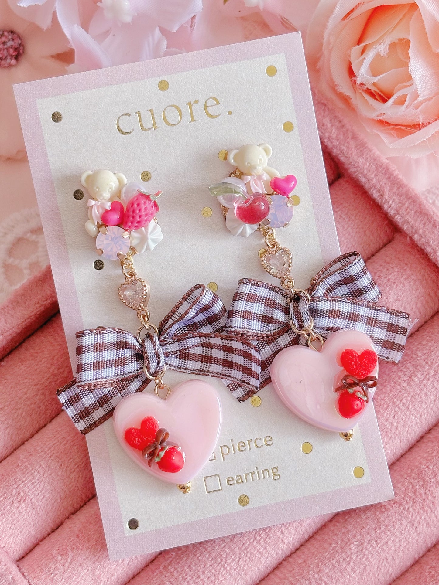 日本手工—Cuore啡色格仔蝴蝶結心心耳環