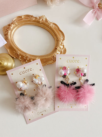 日本手工-甜美毛茸珍珠水晶耳環