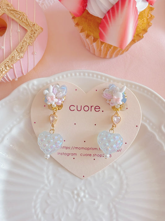 日本手工—藍色小兔窩夫心心（耳夾）￼