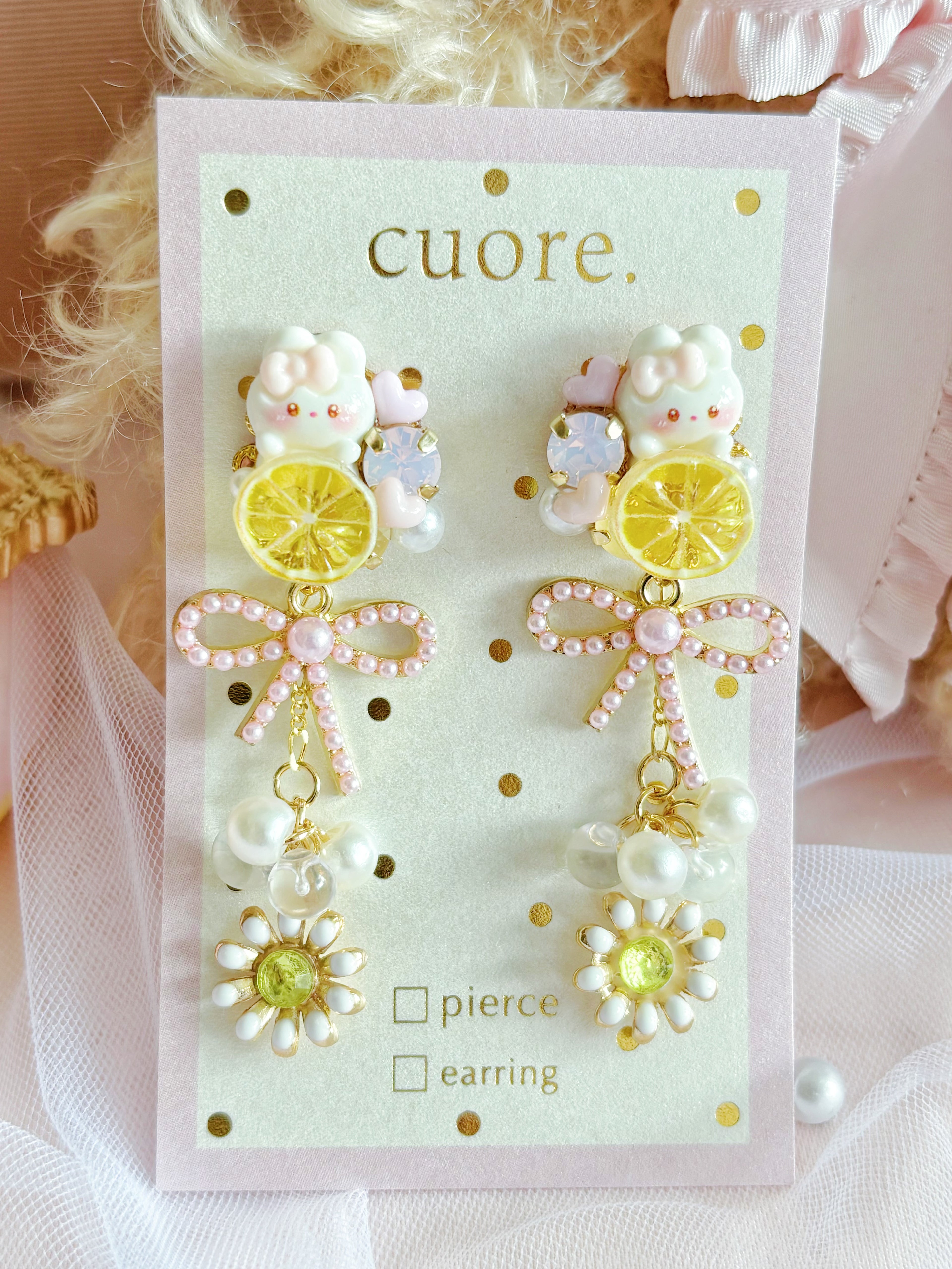 日本手工｜Cuore 小兔檸檬蝴蝶結耳環