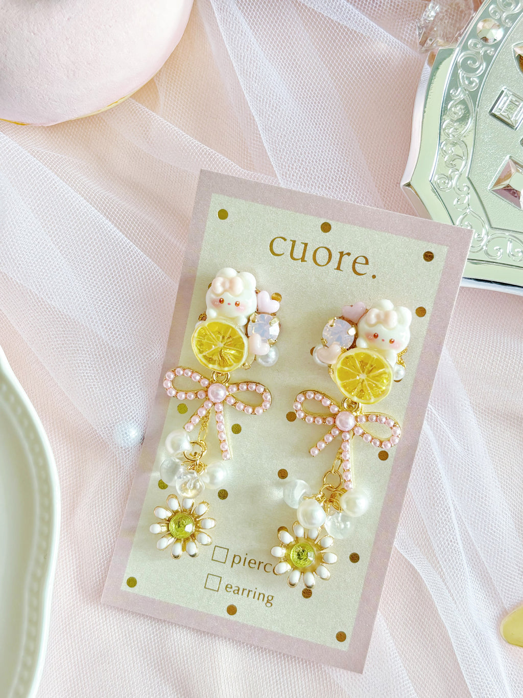 日本手工｜Cuore 小兔檸檬蝴蝶結耳環