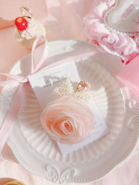 日本手工—緞紗玫瑰花珍珠髮夾￼