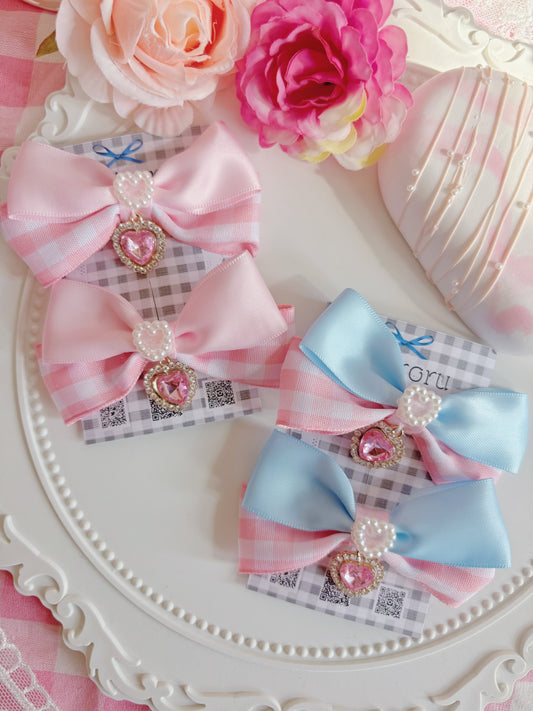 日本手工—粉系格仔蝴蝶結髮夾