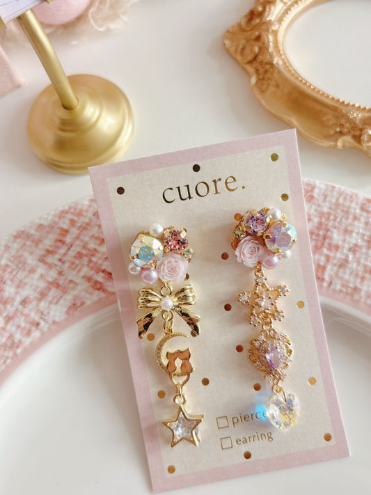 日本手工-半月小貓水晶耳環