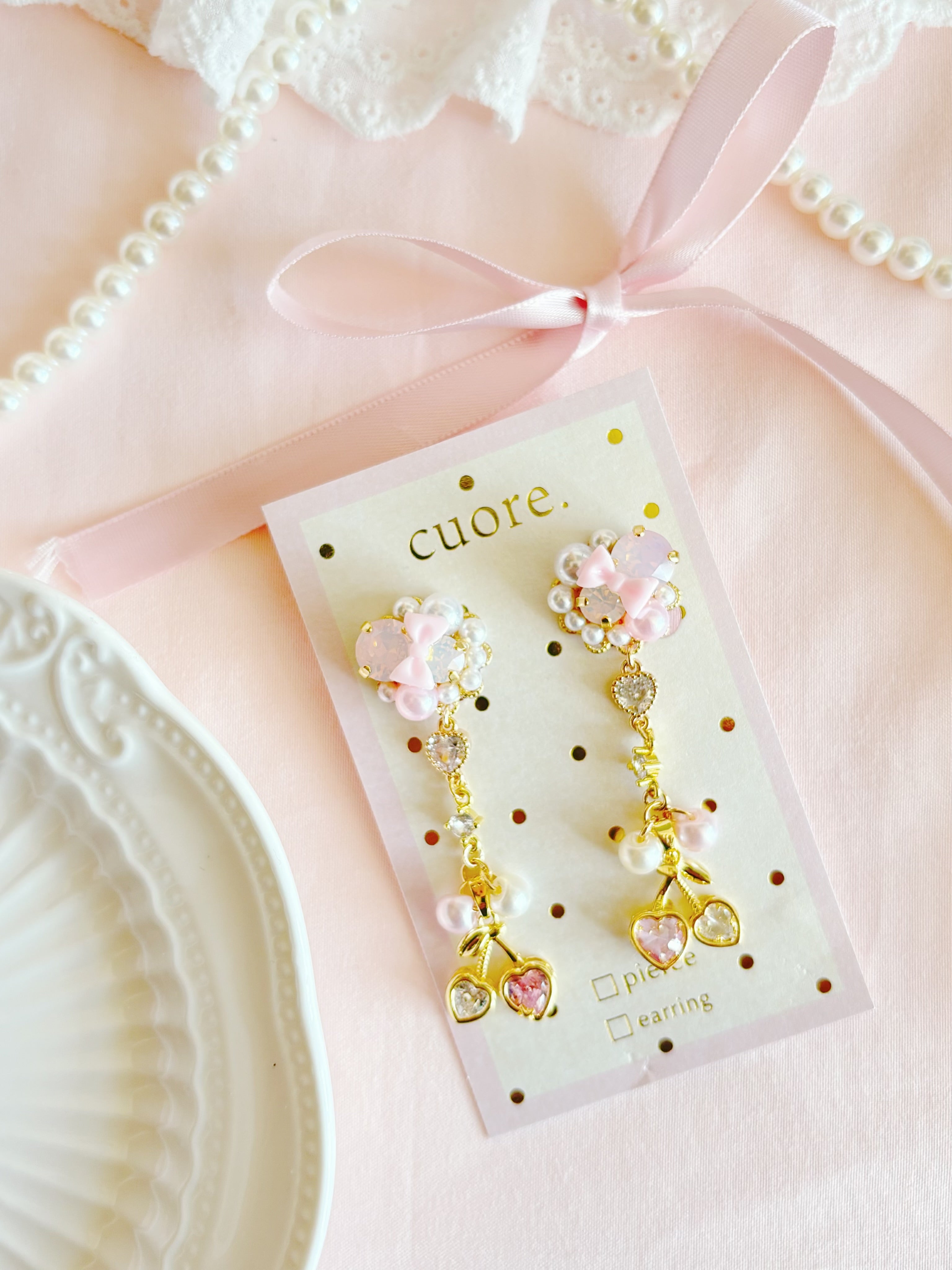 日本手工—粉色系蝴蝶結車厘子耳夾