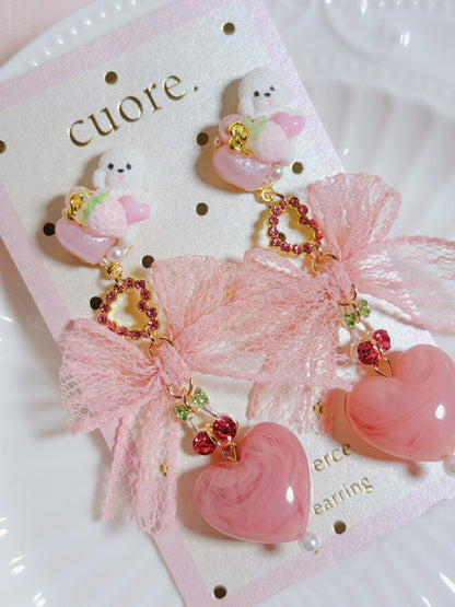 日本手作-蕾絲蝴蝶結小狗愛心耳環