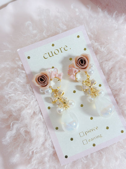 日本手作-樹脂玫瑰花幻彩水滴耳環