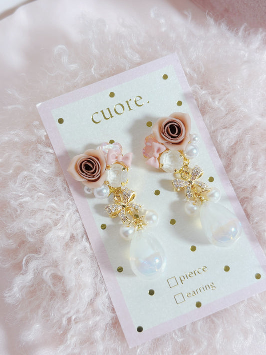 日本手作-樹脂玫瑰花幻彩水滴耳環