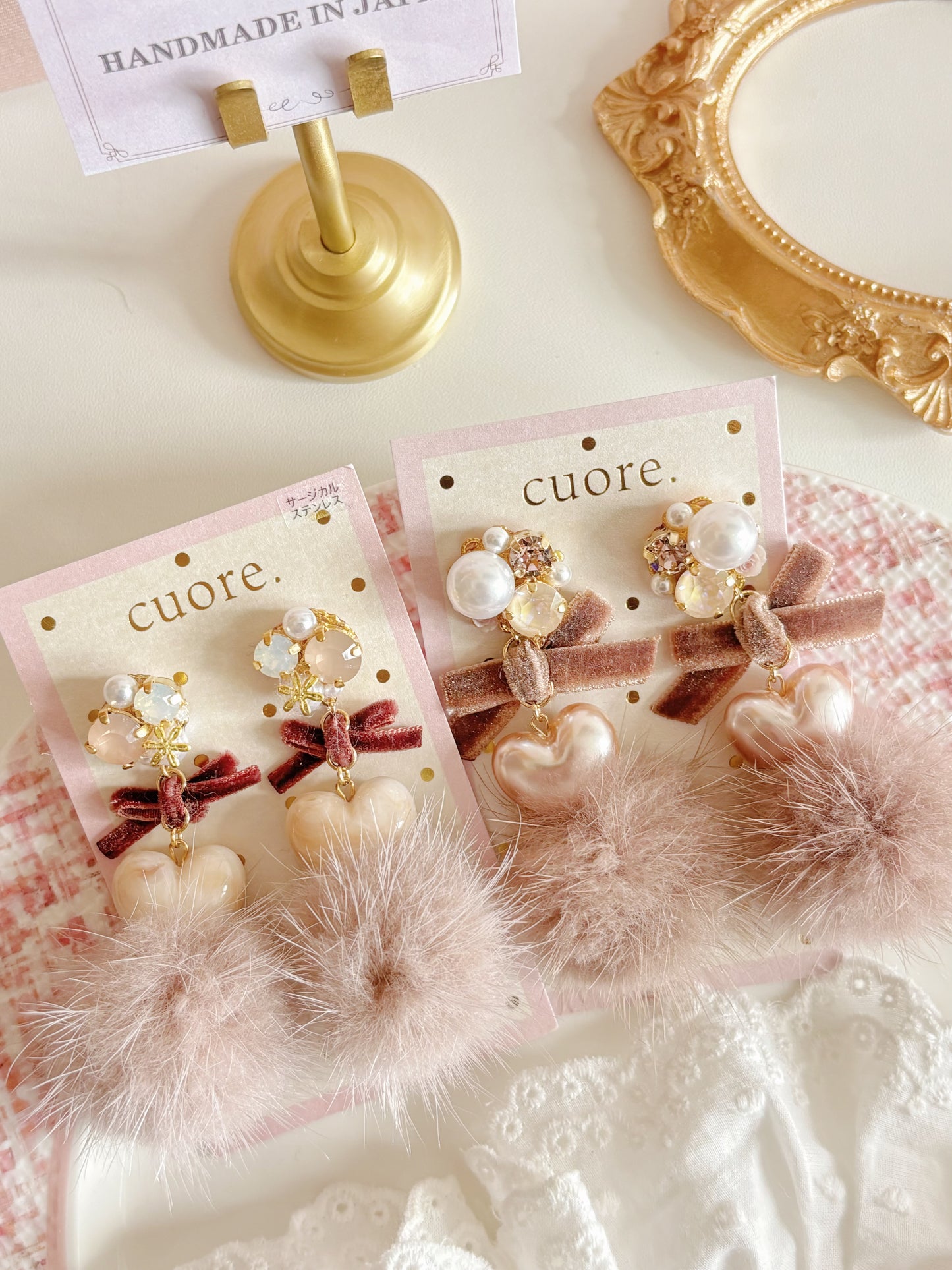 日本手工-冬日棕色水晶毛茸可愛耳環