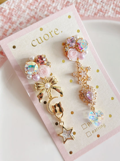 日本手工-半月小貓水晶耳環