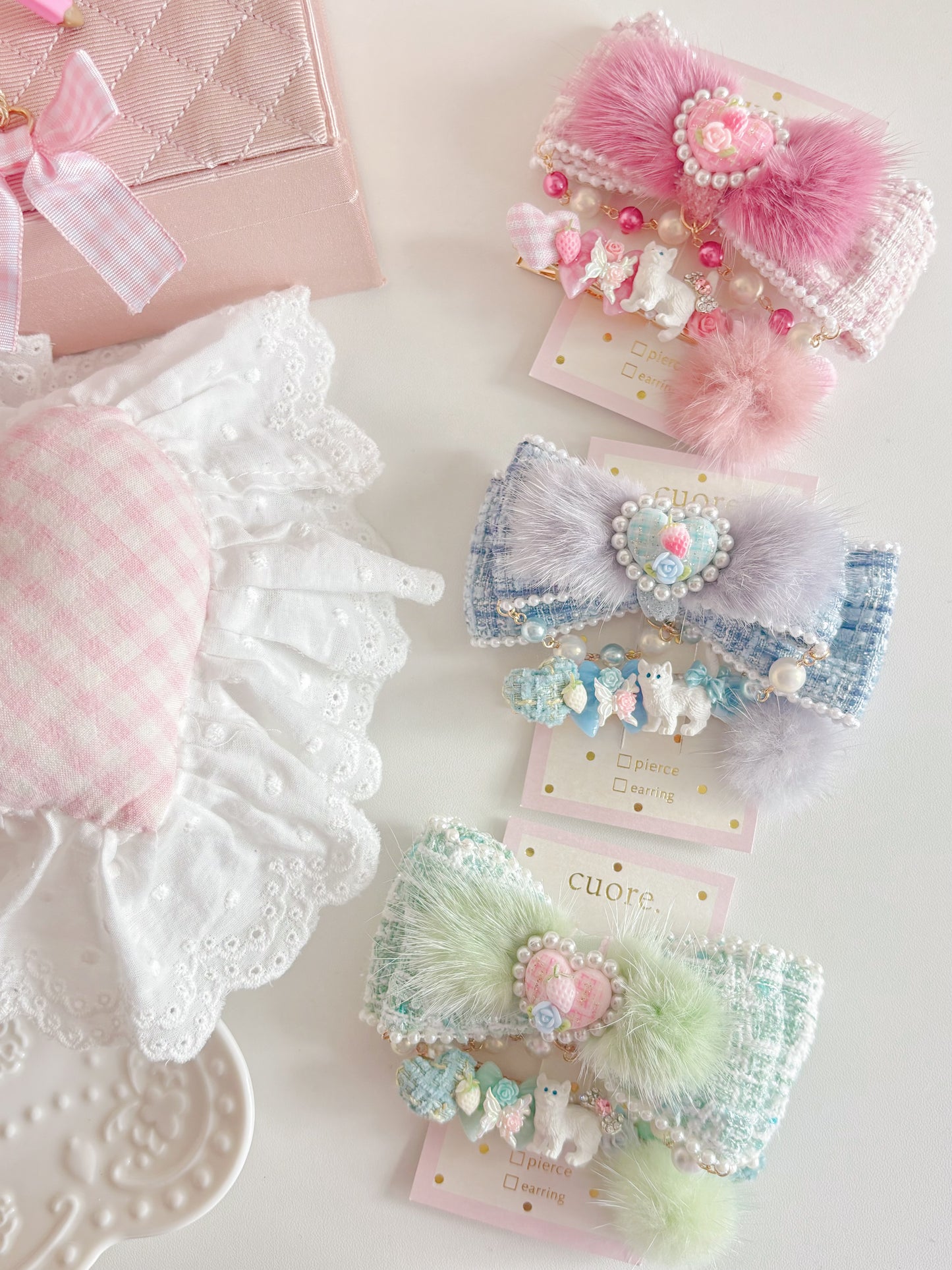 日本手工—限量小貓咪毛毛千鳥格髮夾