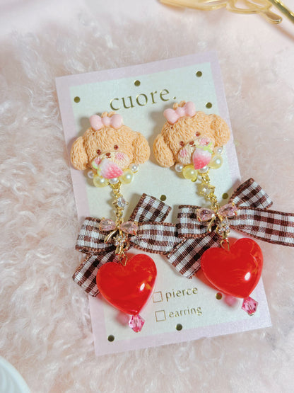 日本手作-可愛小狗蝴蝶結心心耳環