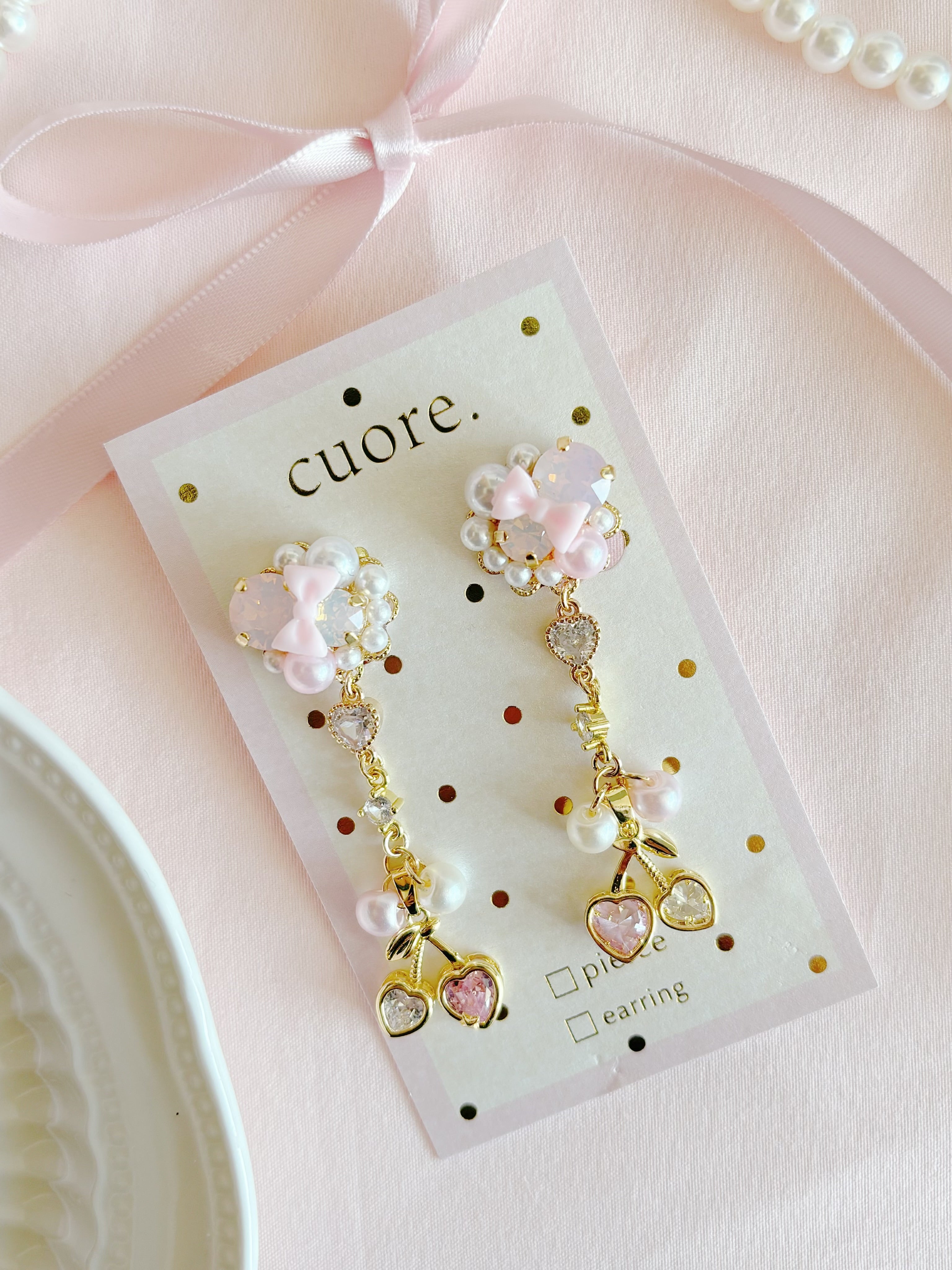 日本手工—粉色系蝴蝶結車厘子耳夾