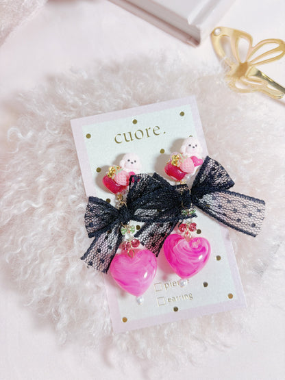 日本手作-蕾絲蝴蝶結小狗愛心耳環
