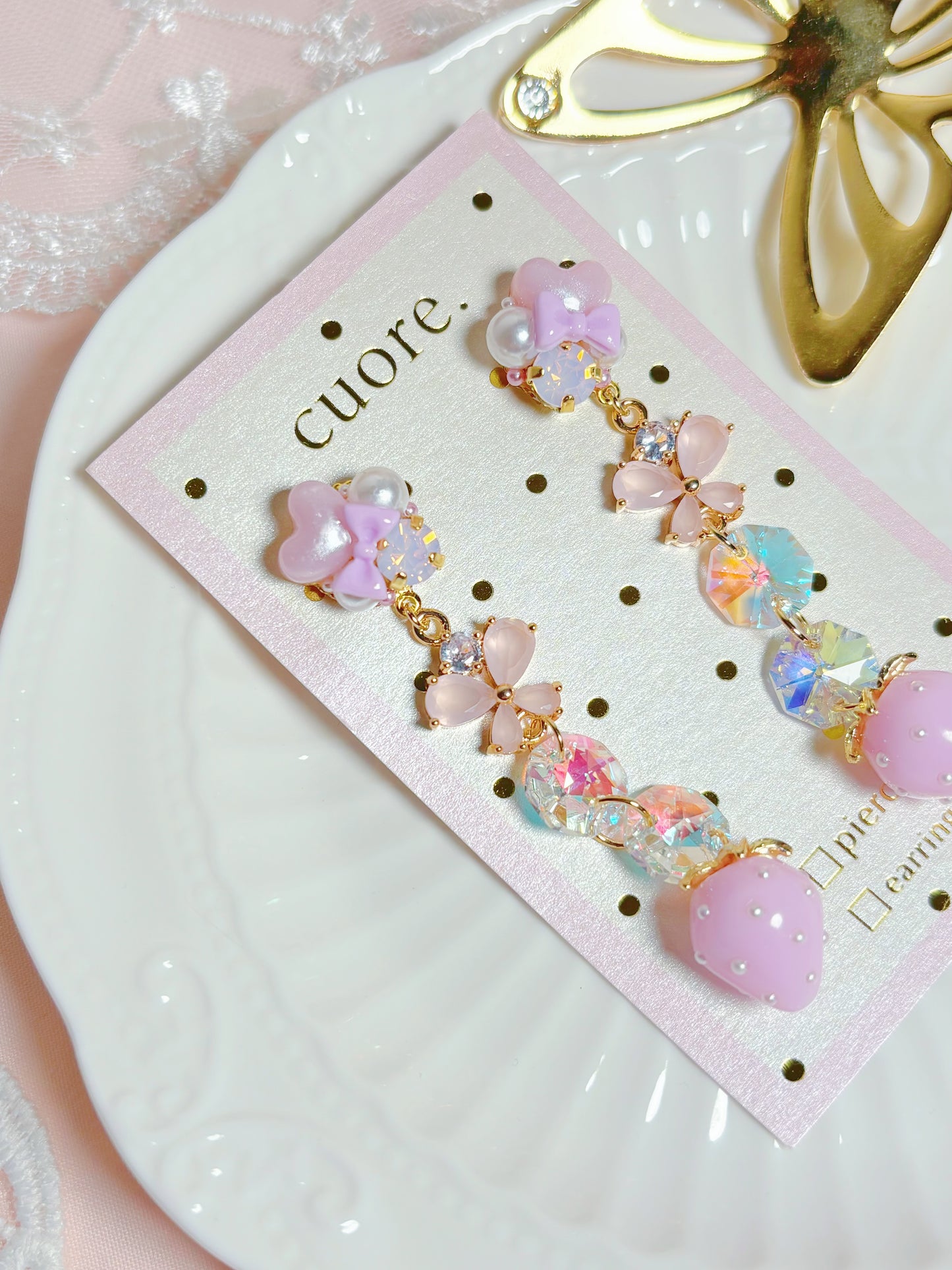 日本手工-粉藍水晶亮透蝴蝶結耳環